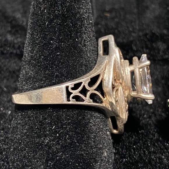 Ring Marquis CZ Cubic Zirconia 10mm x 5mm Filigree Vintage Jewelry Sterling Silv - Picture 6 of 16